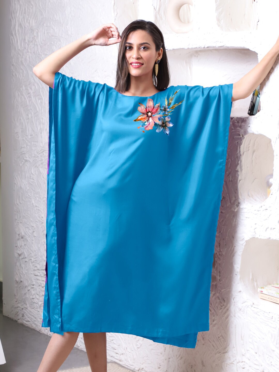 

LetsDressUp Floral Printed Kimono Sleeves Kaftan Midi Dress, Turquoise blue