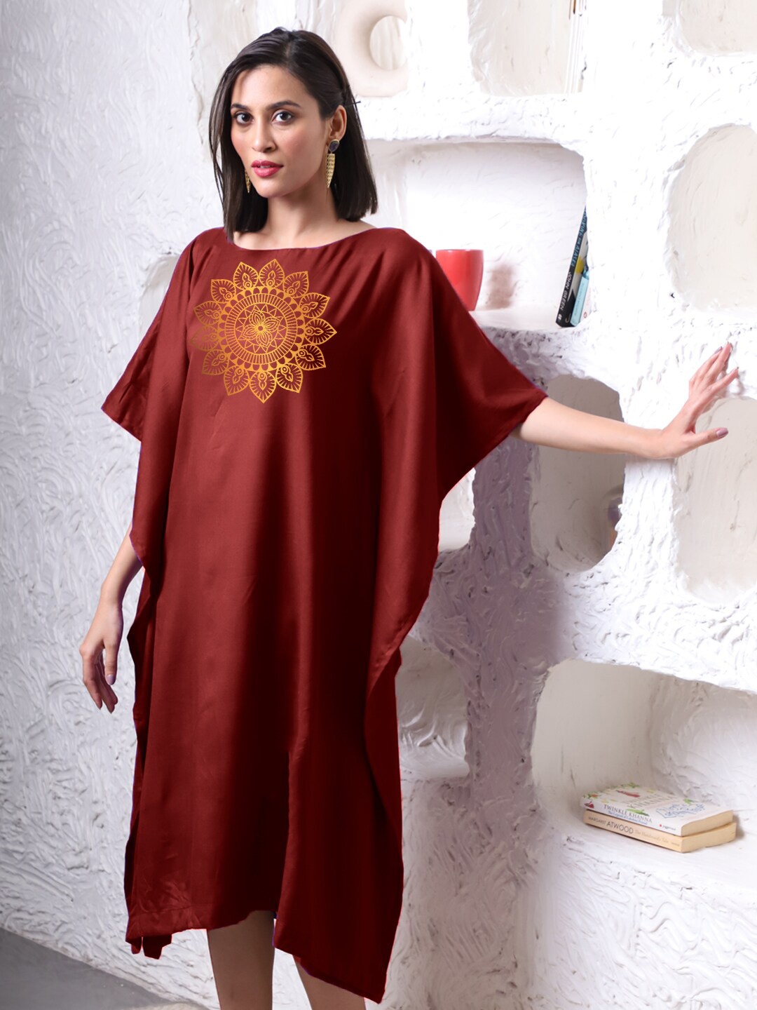 

LetsDressUp Wheel Floral Printed Kimono Sleeves Kaftan Midi Dress, Maroon