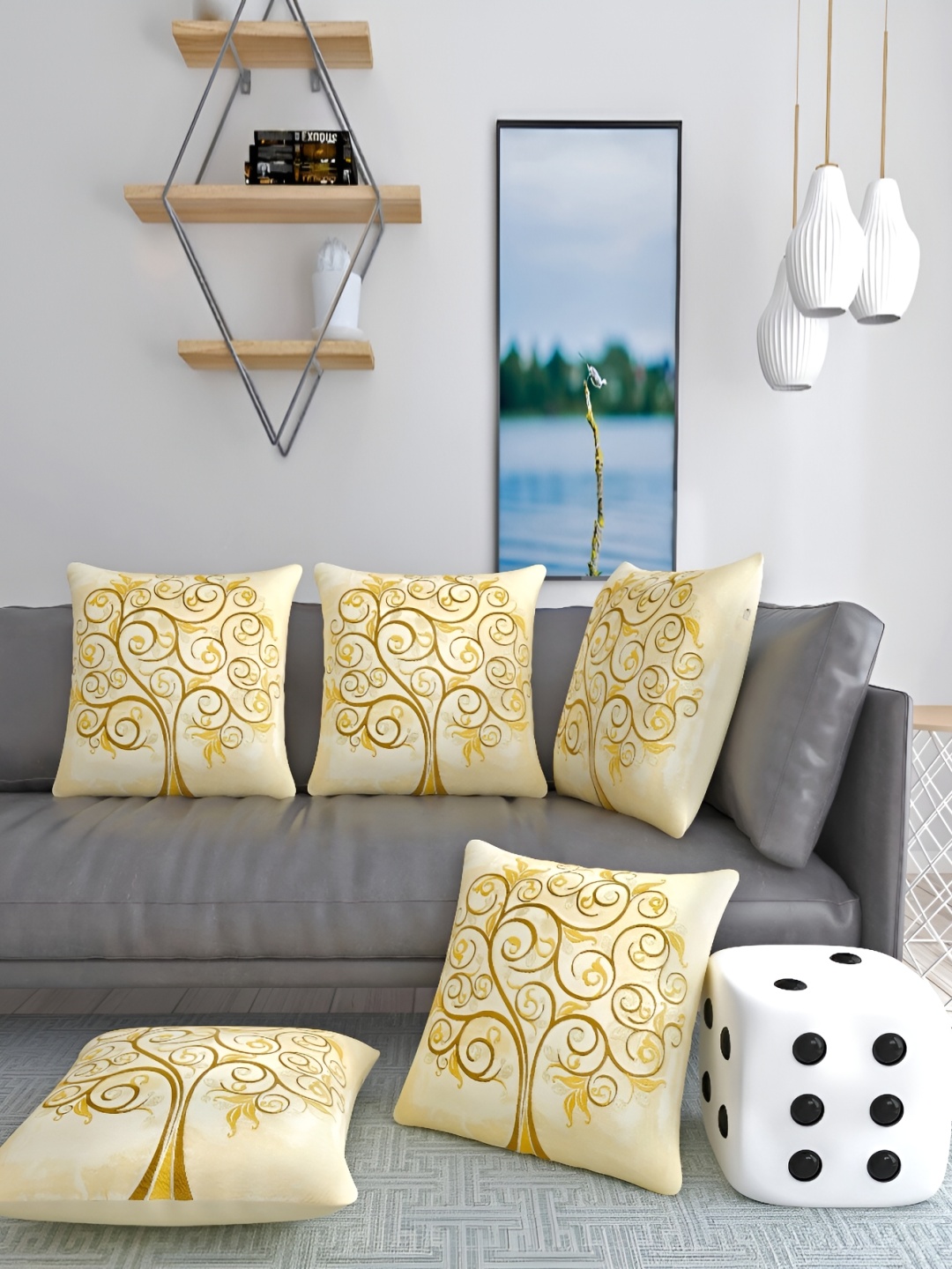 

MONKDECOR Cream & Brown 5Pcs Floral Square Cushion Covers
