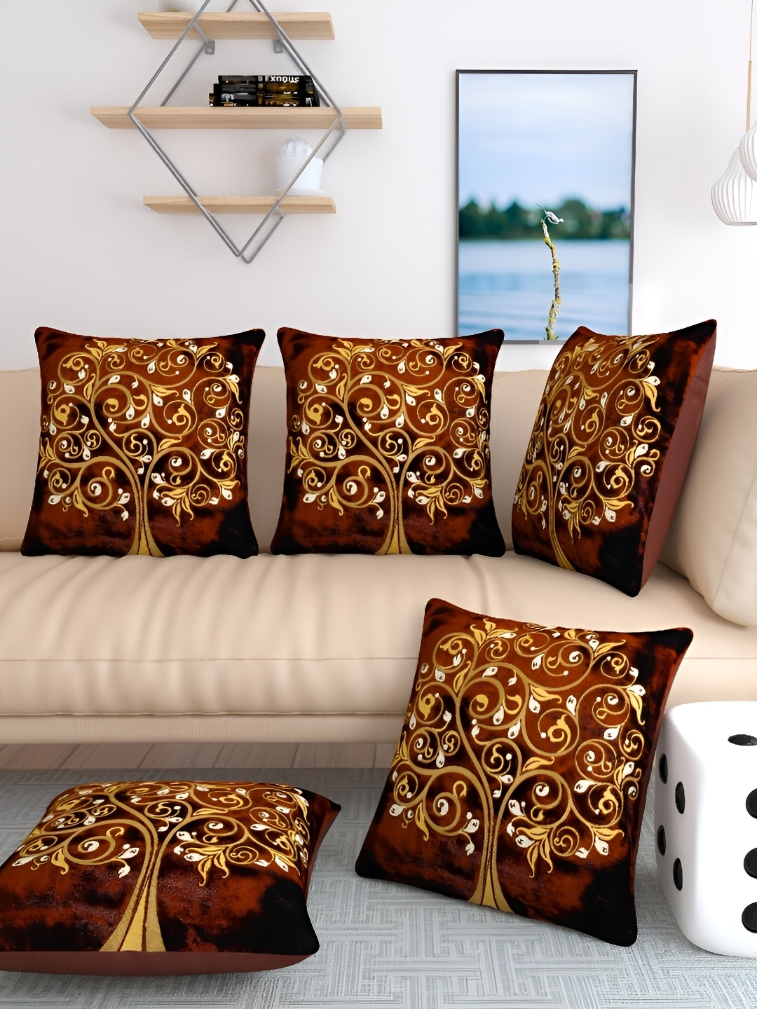 

MONKDECOR Brown & Gold-Toned 5 Pcs Floral Velvet Square Cushion Covers