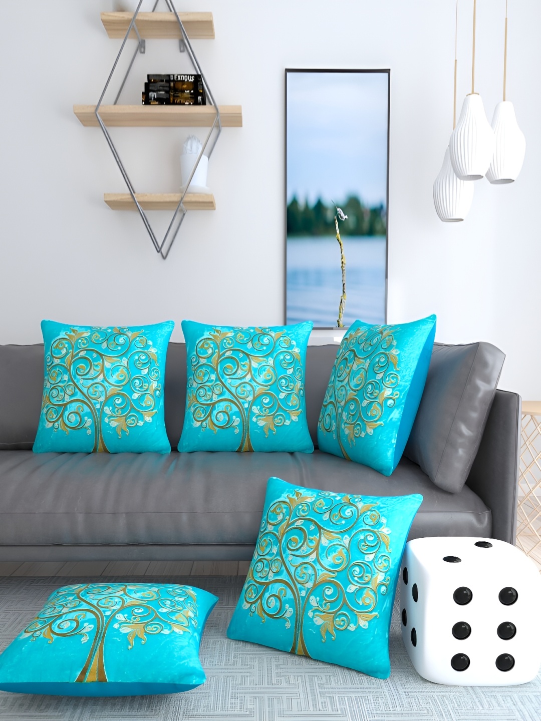 

MONKDECOR Teal & Brown 5 Floral Printed Velvet Square Cushion Covers