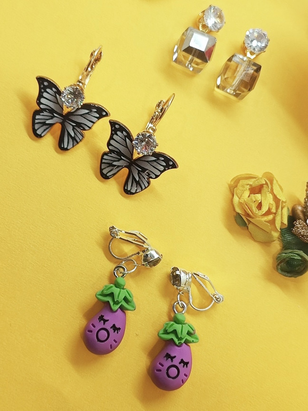 

FEMMIBELLA Set of 3 Gold-Plated Quirky Drop Earrings