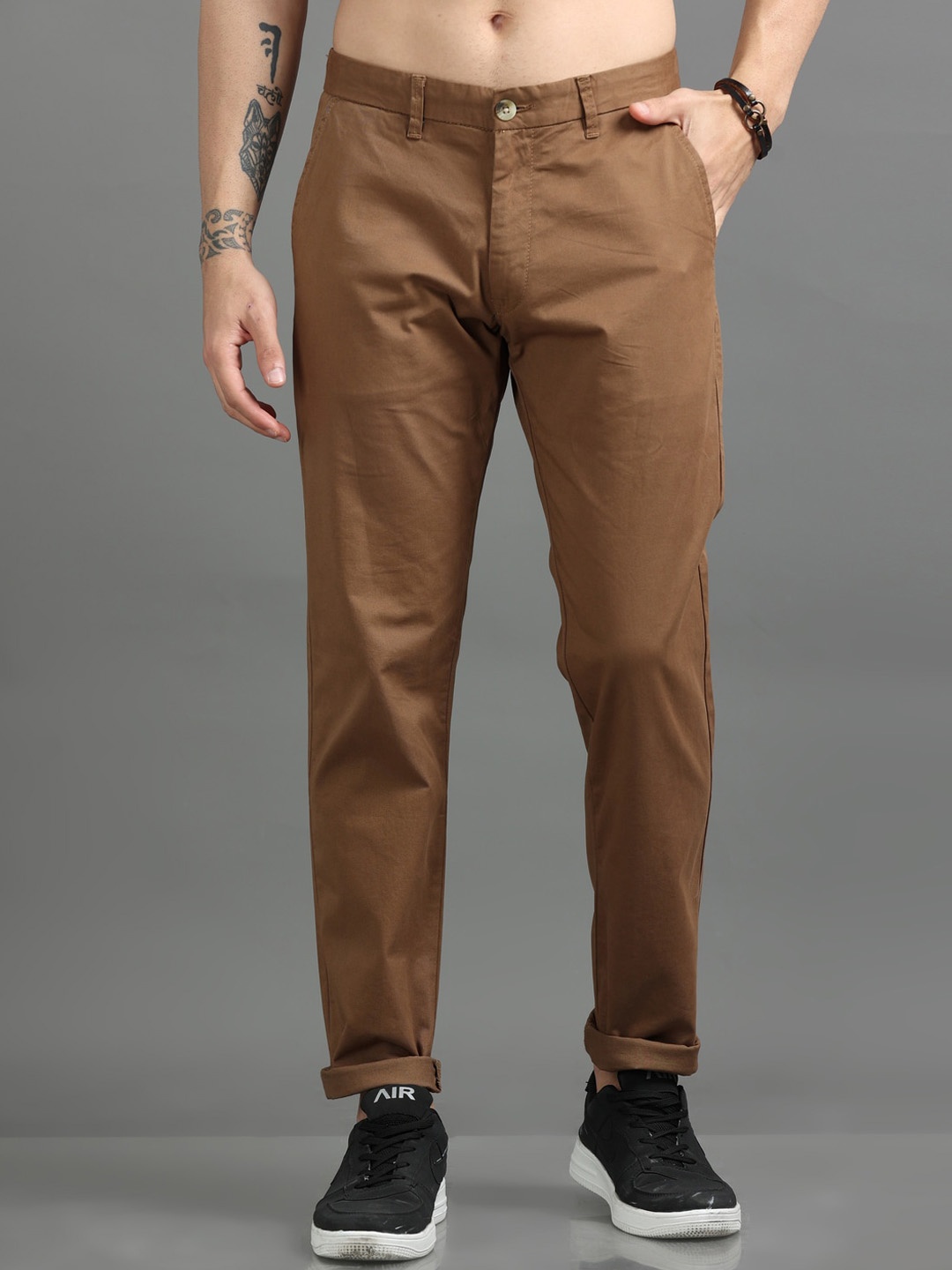 

Dogi Verg Men Tailored Slim Fit Cotton Chinos Trousers, Brown