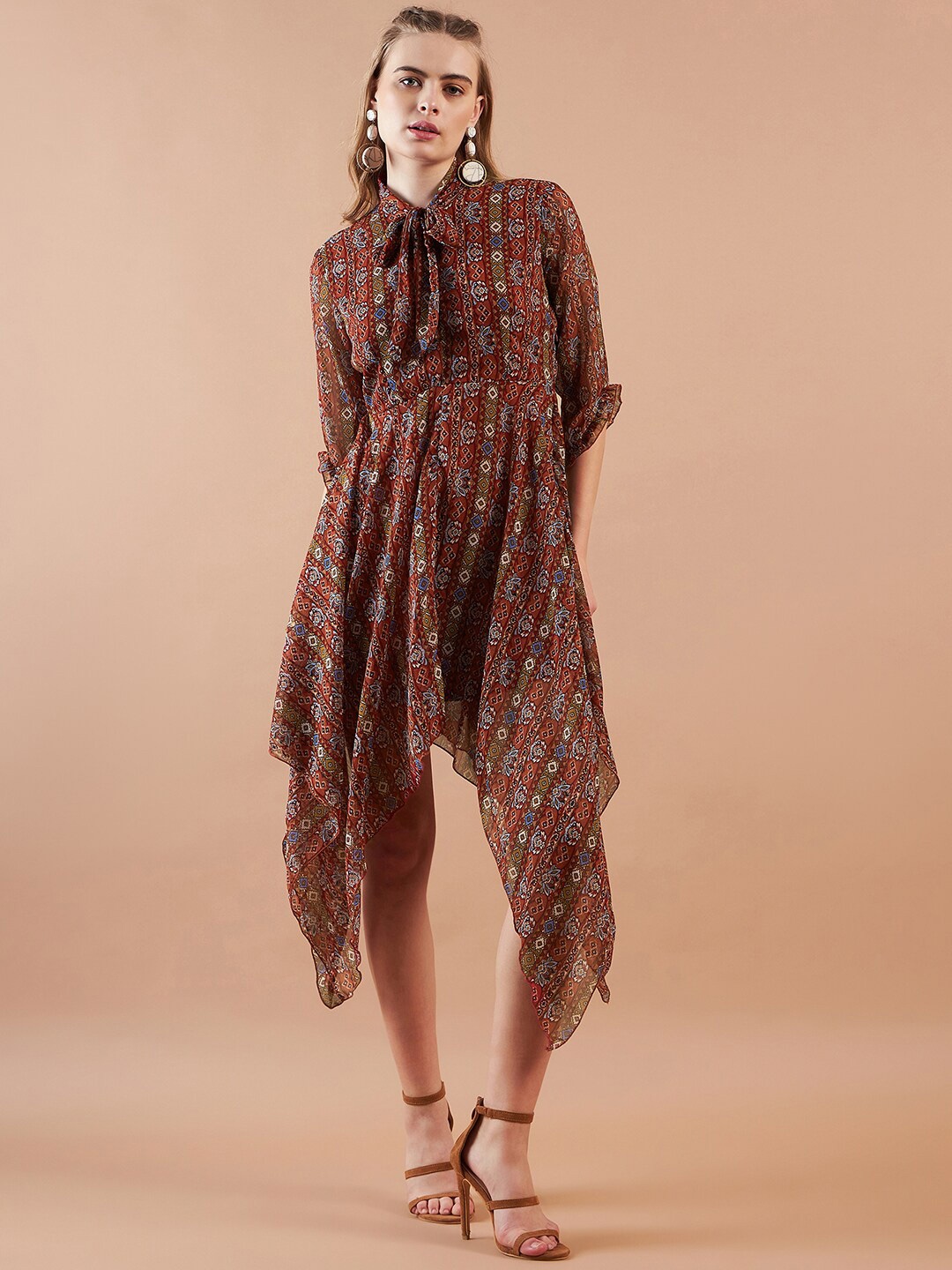 

Freehand by The Indian Garage Co Ethnic Motifs Printed Tie-Up Neck Fit & Flare Midi Dress, Brown