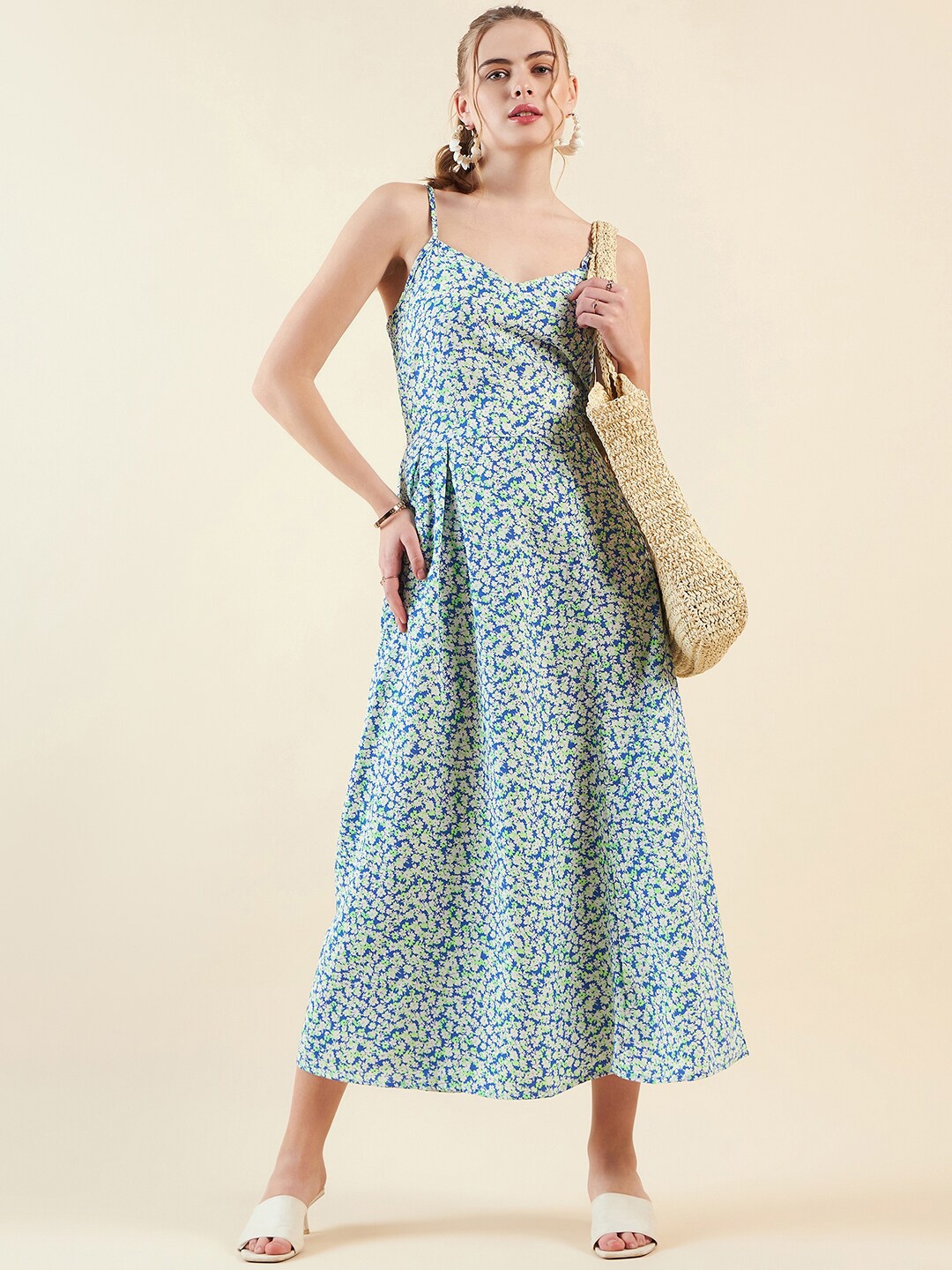 

Freehand by The Indian Garage Co Floral Print Shoulder Strap Fit & Flare Midi Dress, Blue