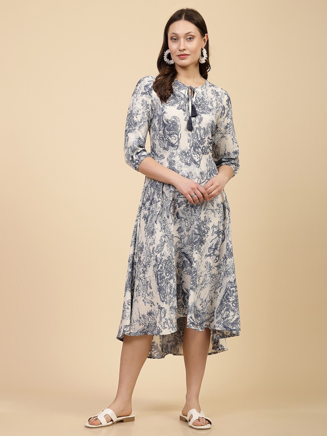 

Freehand by The Indian Garage Co Floral Print Tie-Up Neck Fit & Flare Dress, White