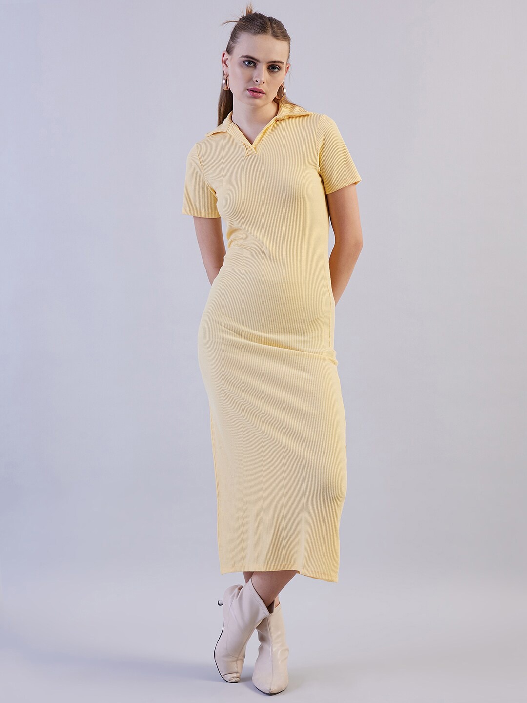

Freehand by The Indian Garage Co Striped Shirt Collar Bodycon Midi Dress, Yellow