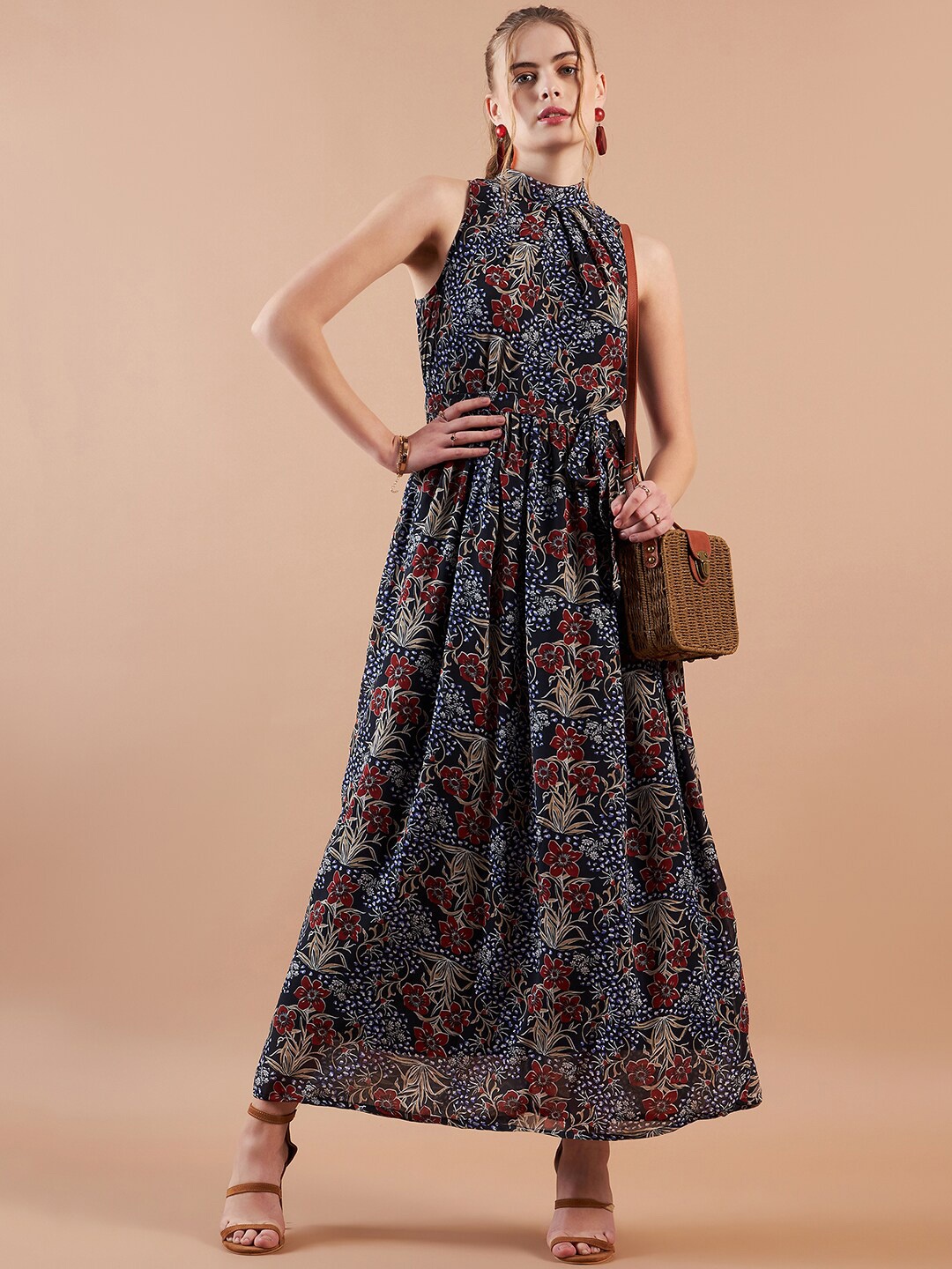 

Freehand by The Indian Garage Co Floral Printed Fit & Flare Maxi Dress, Navy blue