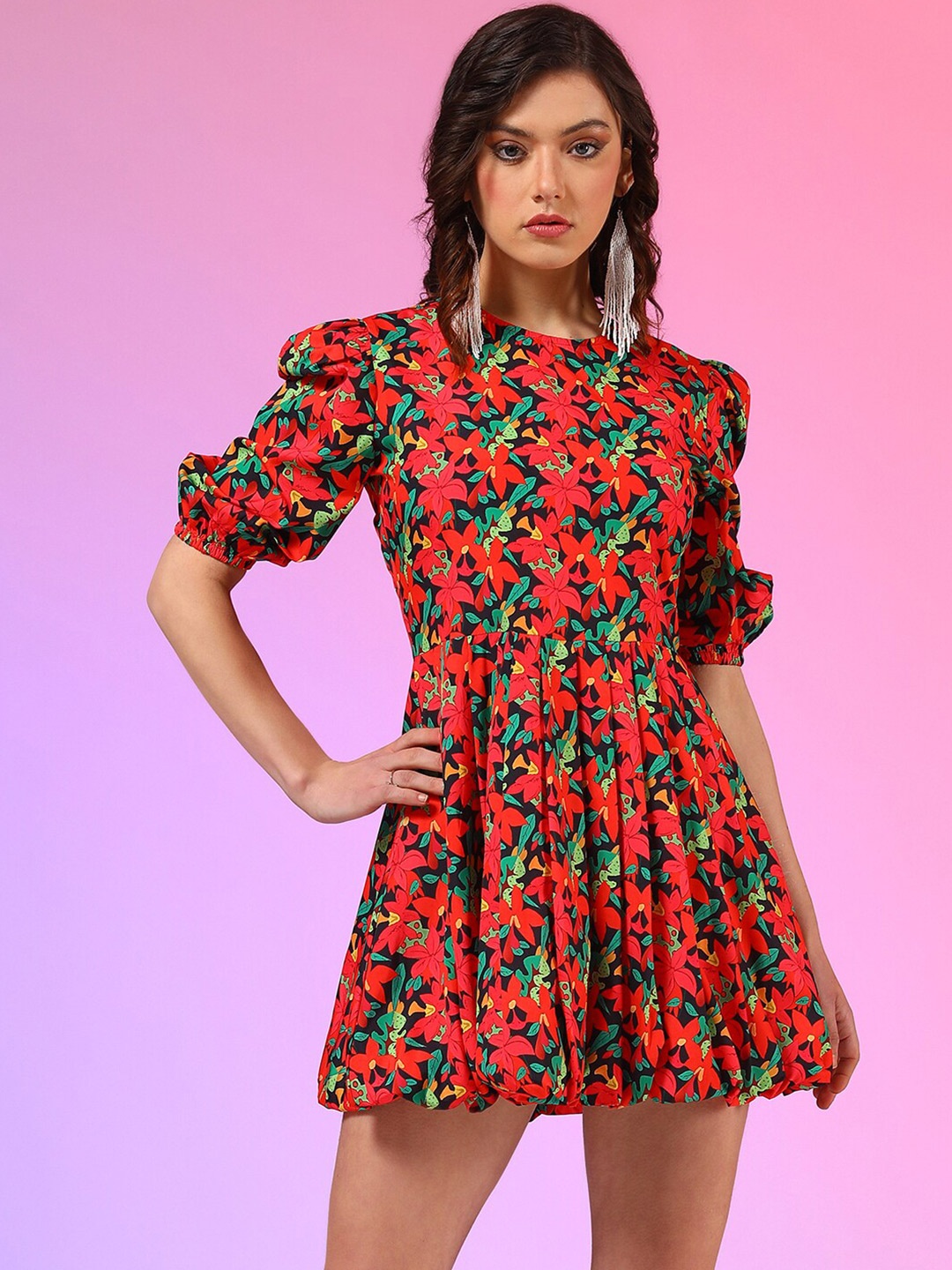 

Stylecast X Kotty Women Puff Sleeve Fit & Flare Floral Mini Dress, Red