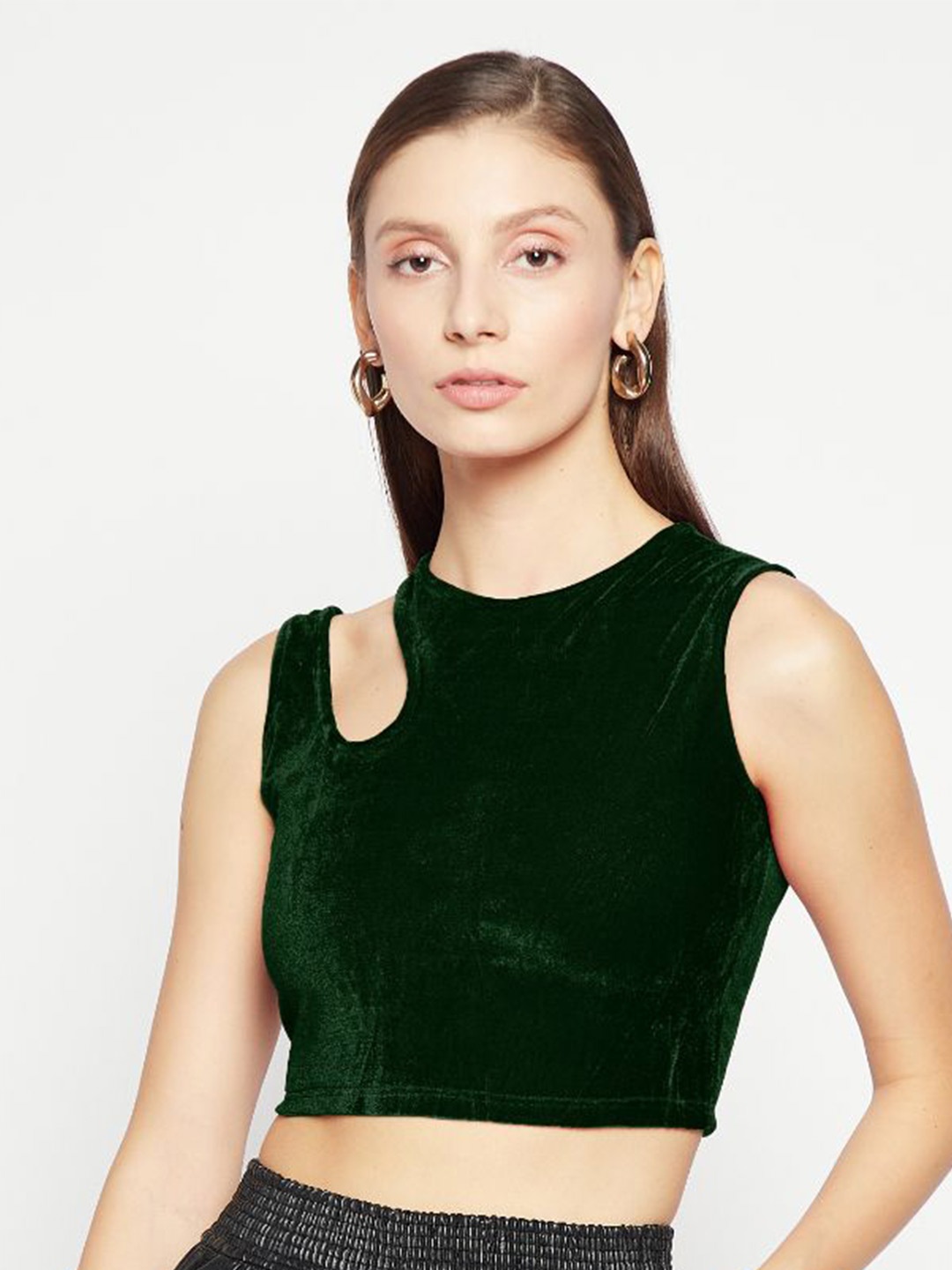 

Uptownie Stretchable Velvet Shoulder Cutout Crop Top, Green