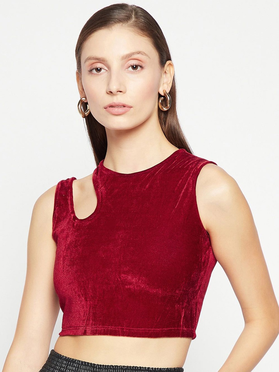 

Uptownie Stretchable Velvet Shoulder Cutout Crop Top, Maroon