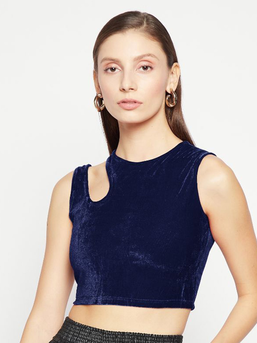 

Uptownie Stretchable Velvet Shoulder Cutout Crop Top, Navy blue