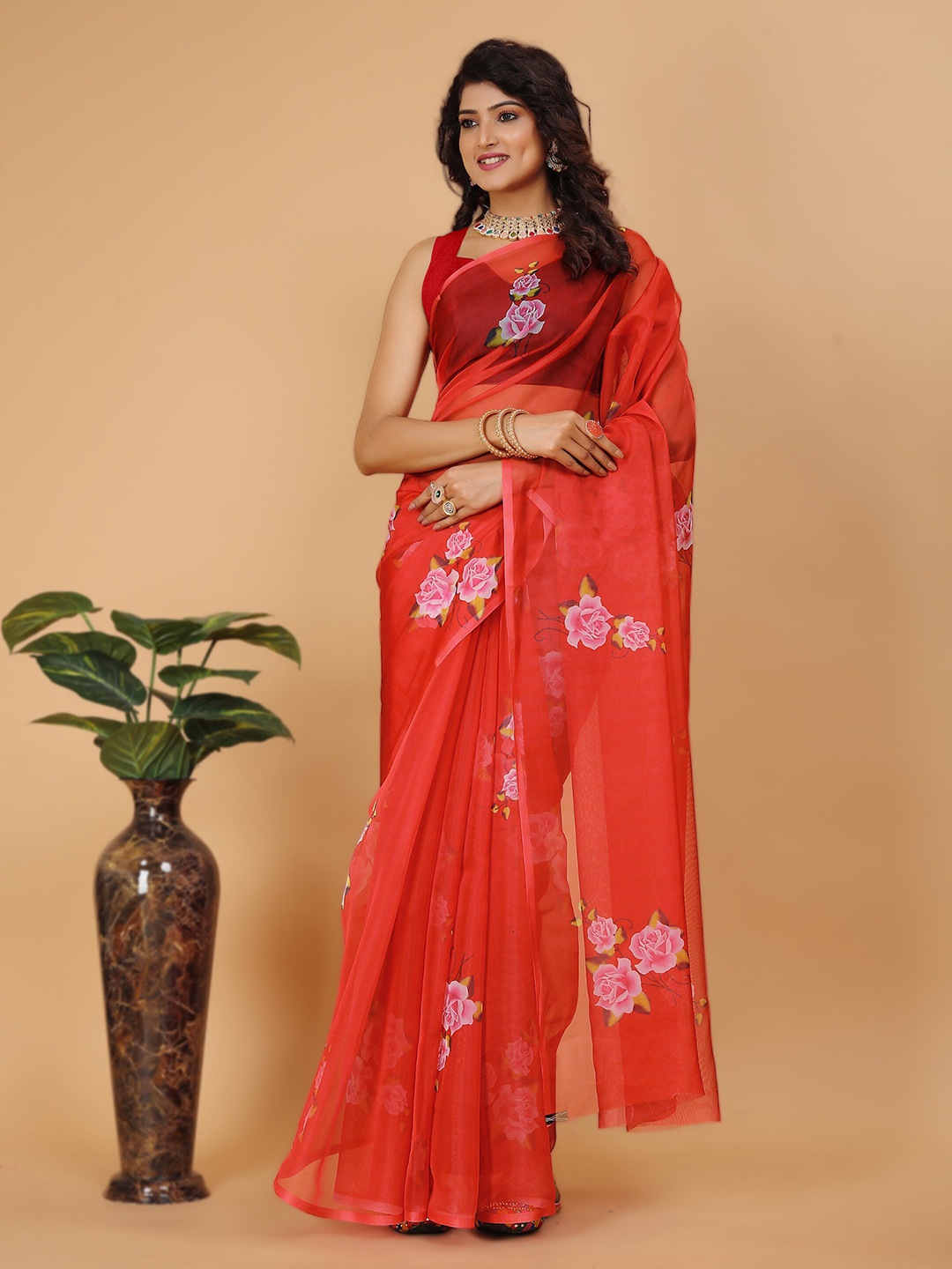 

Celeb Styles Floral Printed Organza Saree, Red