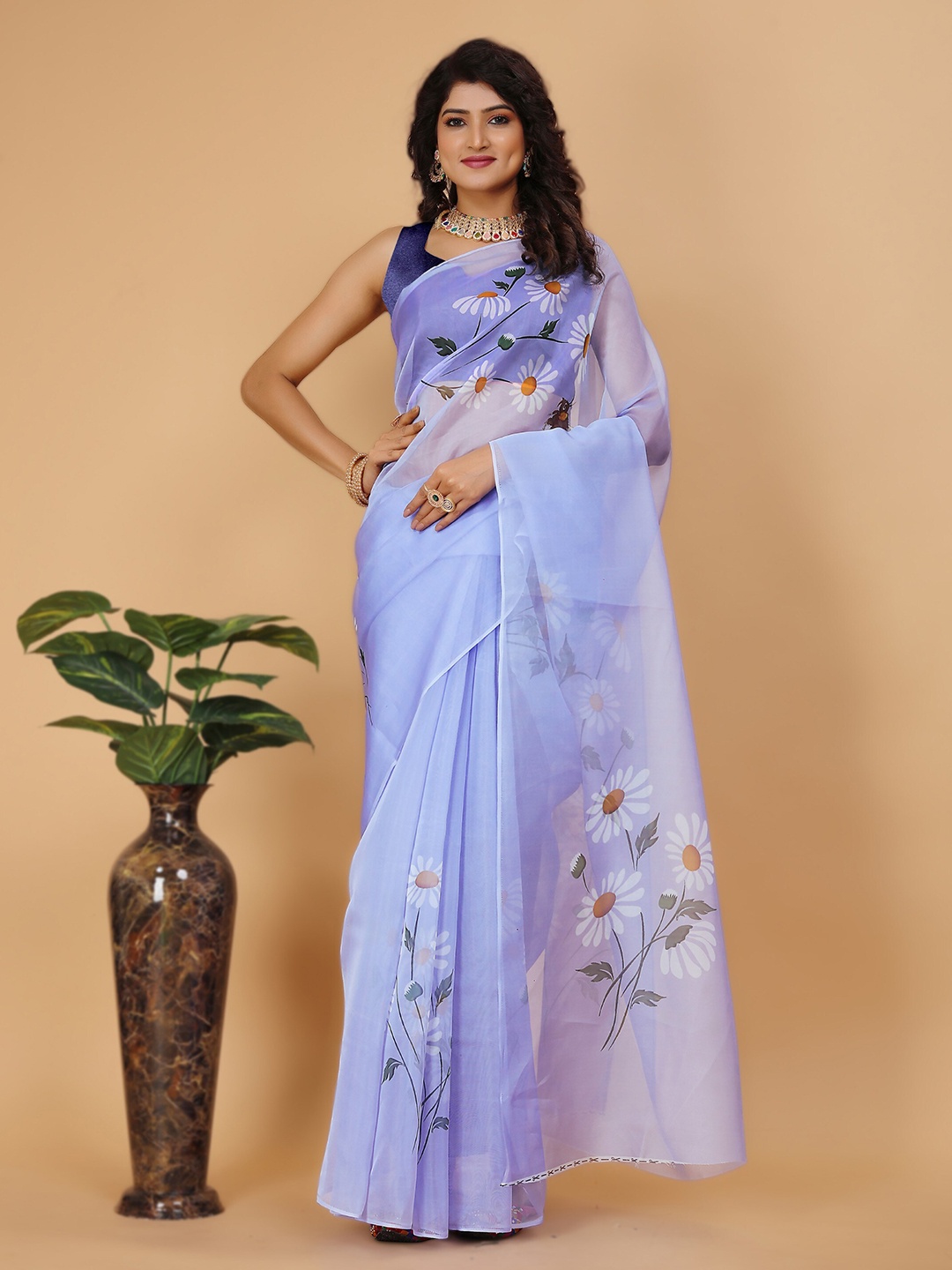 

Celeb Styles Floral Printed Organza Saree, Violet