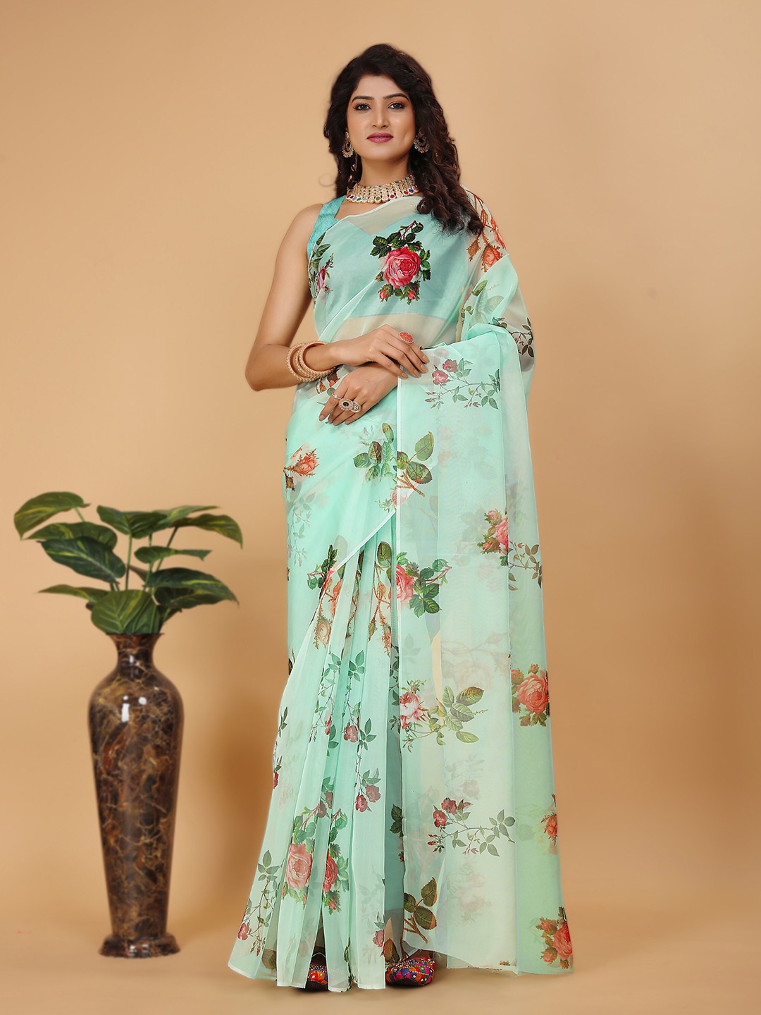

Celeb Styles Floral Printed Organza Saree, Turquoise blue