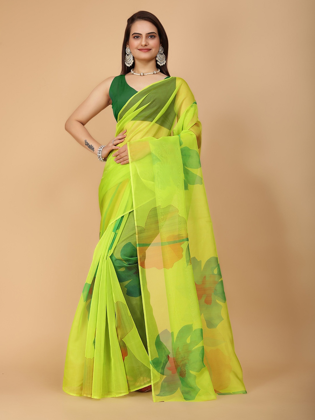 

Celeb Styles Floral Printed Saree, Lime green