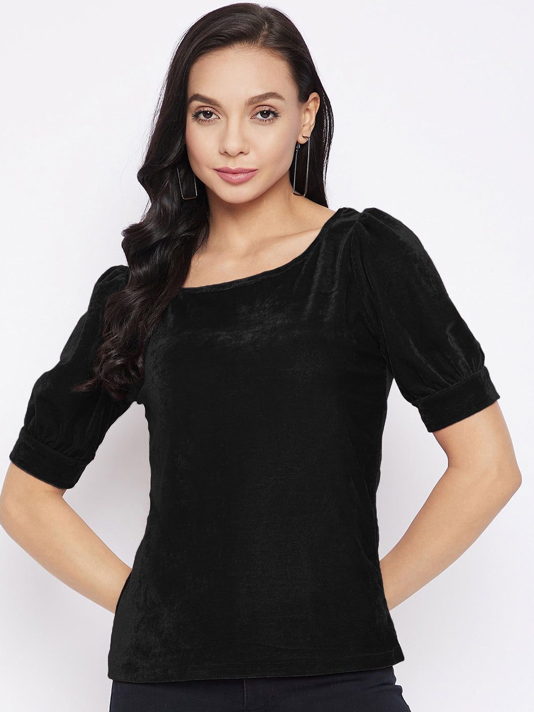 

Uptownie Stretchable Velvet Puff Sleeve Top, Black