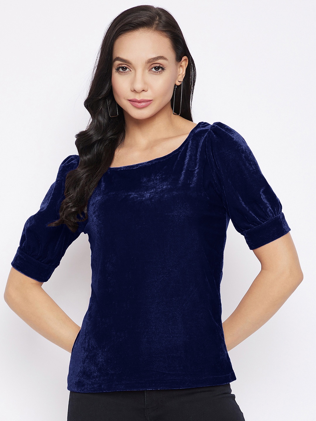 

Uptownie Stretchable Velvet Round Neck Puff Sleeve Top, Navy blue