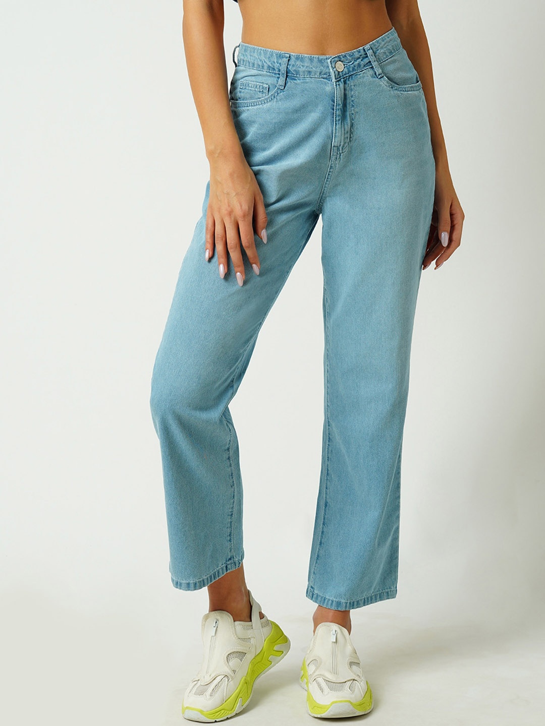 

Kraus Jeans Women Straight Fit High-Rise Clean Look Cotton Jeans, Blue