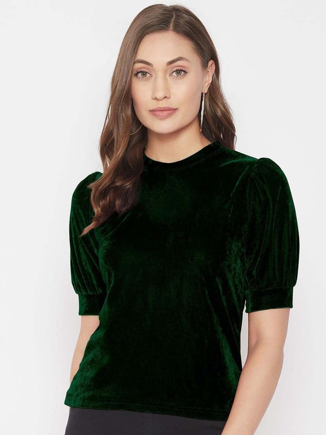 

Uptownie Stretchable Velvet High Neck Puff Sleeve Top, Green