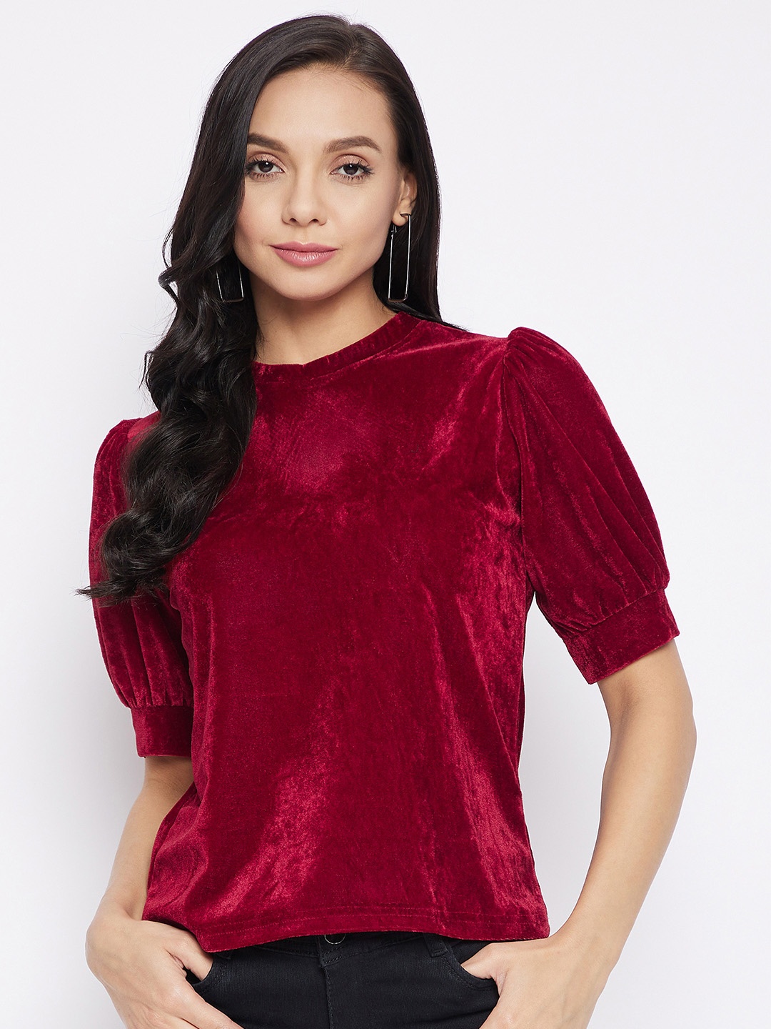 

Uptownie Stretchable Velvet High Neck Puff Sleeve Top, Maroon