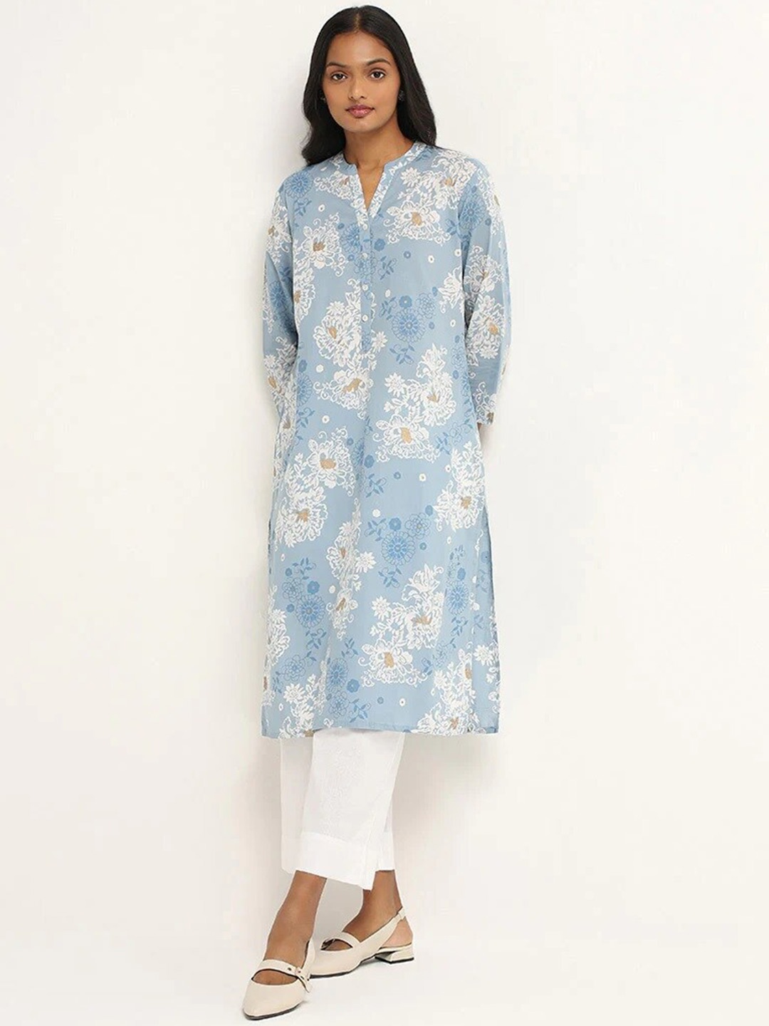 

KALINI Women Printed Mandarin Collar Straight Cotton Blend Kurta For, Blue