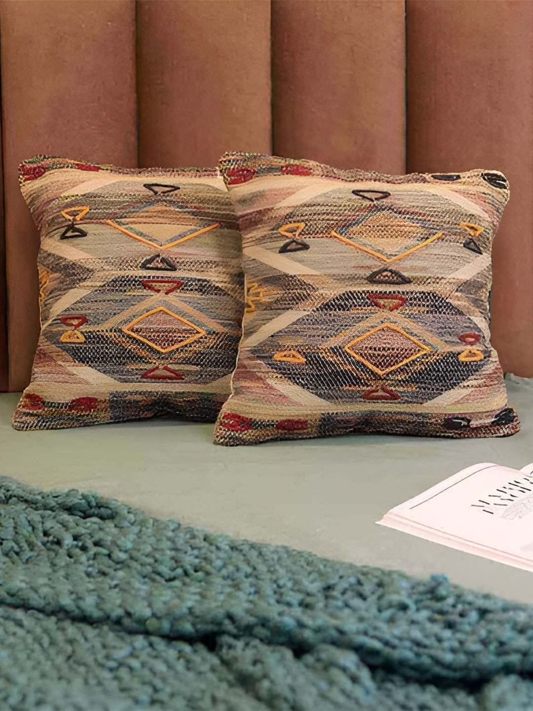 

BELLA TRUE Beige & Yellow 2 Pcs Geometric Square Cushion Covers