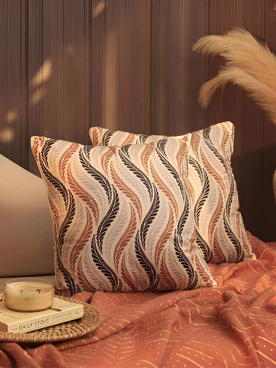 

BELLA TRUE Beige & Black 2 Pieces Floral Printed Square Cushion Covers