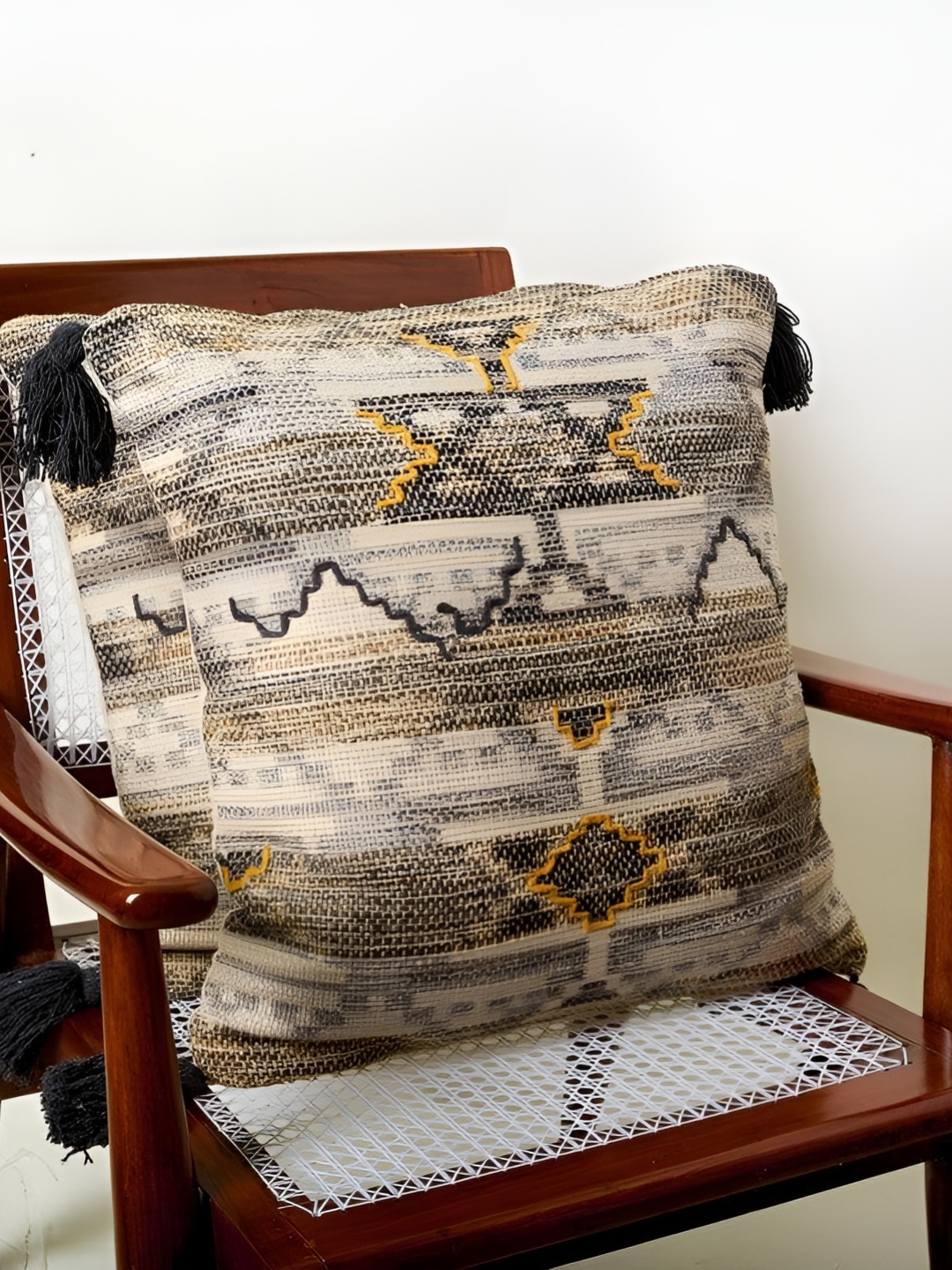 

BELLA TRUE Grey & Yellow 2 Pieces Abstract Printed Cotton Square Cushion Covers