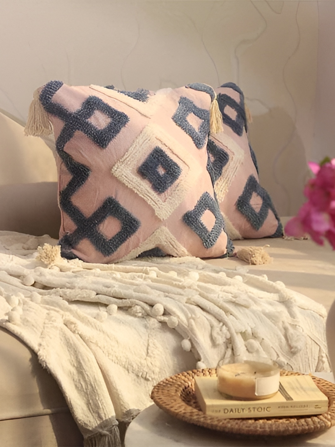 

BELLA TRUE Pink & Grey 2 Pieces Geometric Square Cushion Covers