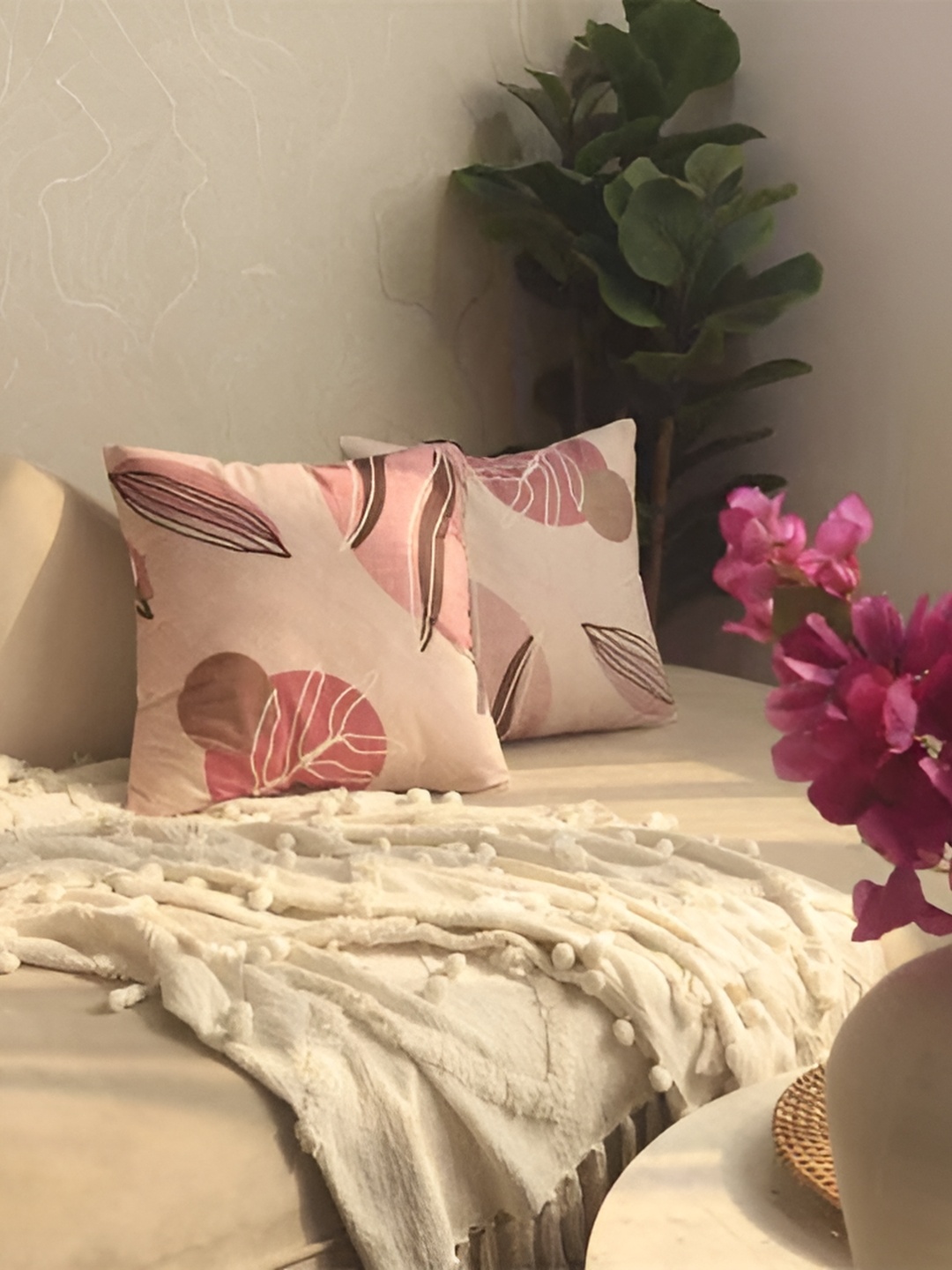 

BELLA TRUE Beige & Pink 2 Pieces Floral Printed Square Cushion Covers