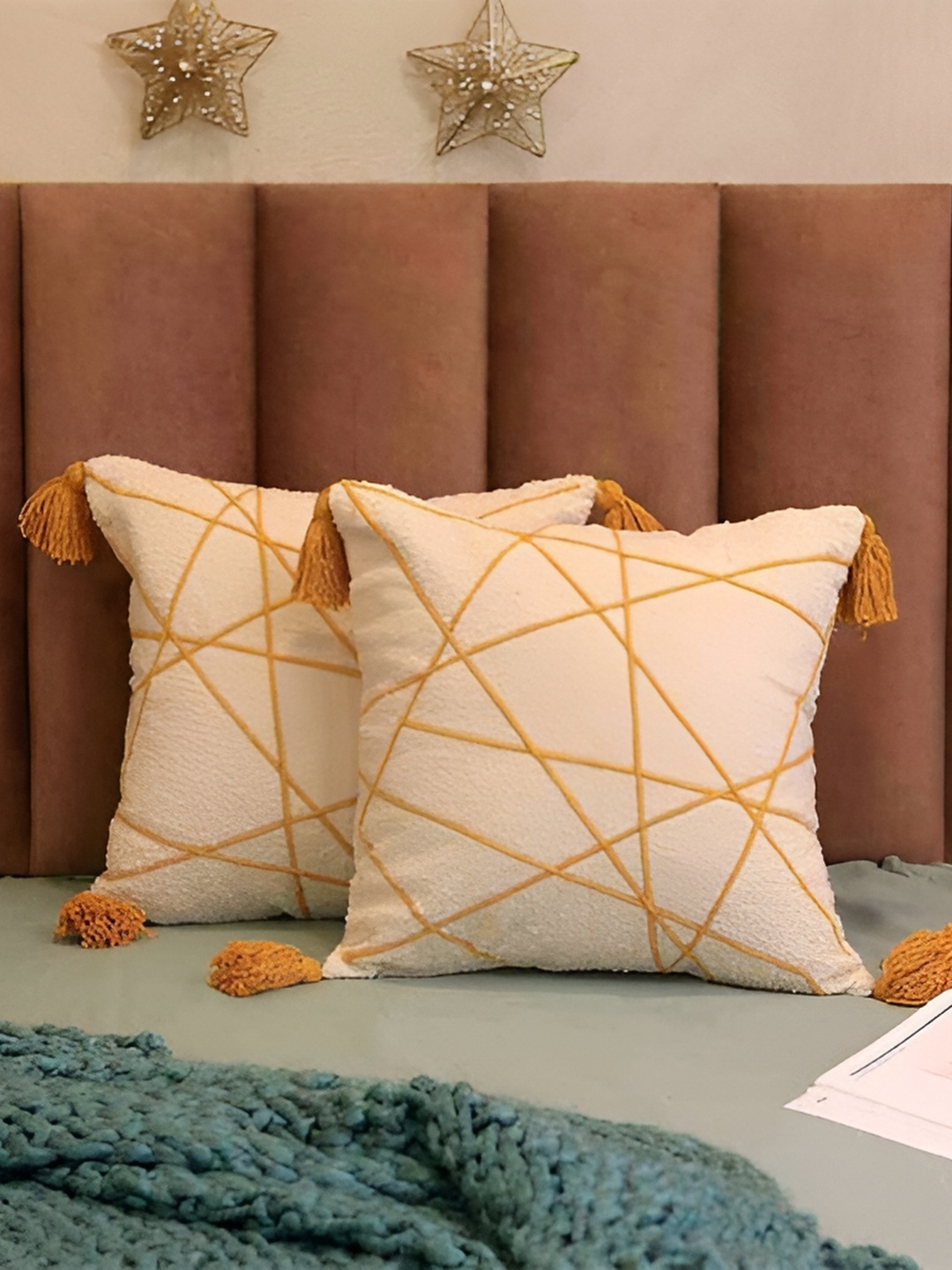 

BELLA TRUE Beige & Orange 2 Pieces Geometric Square Cushion Covers