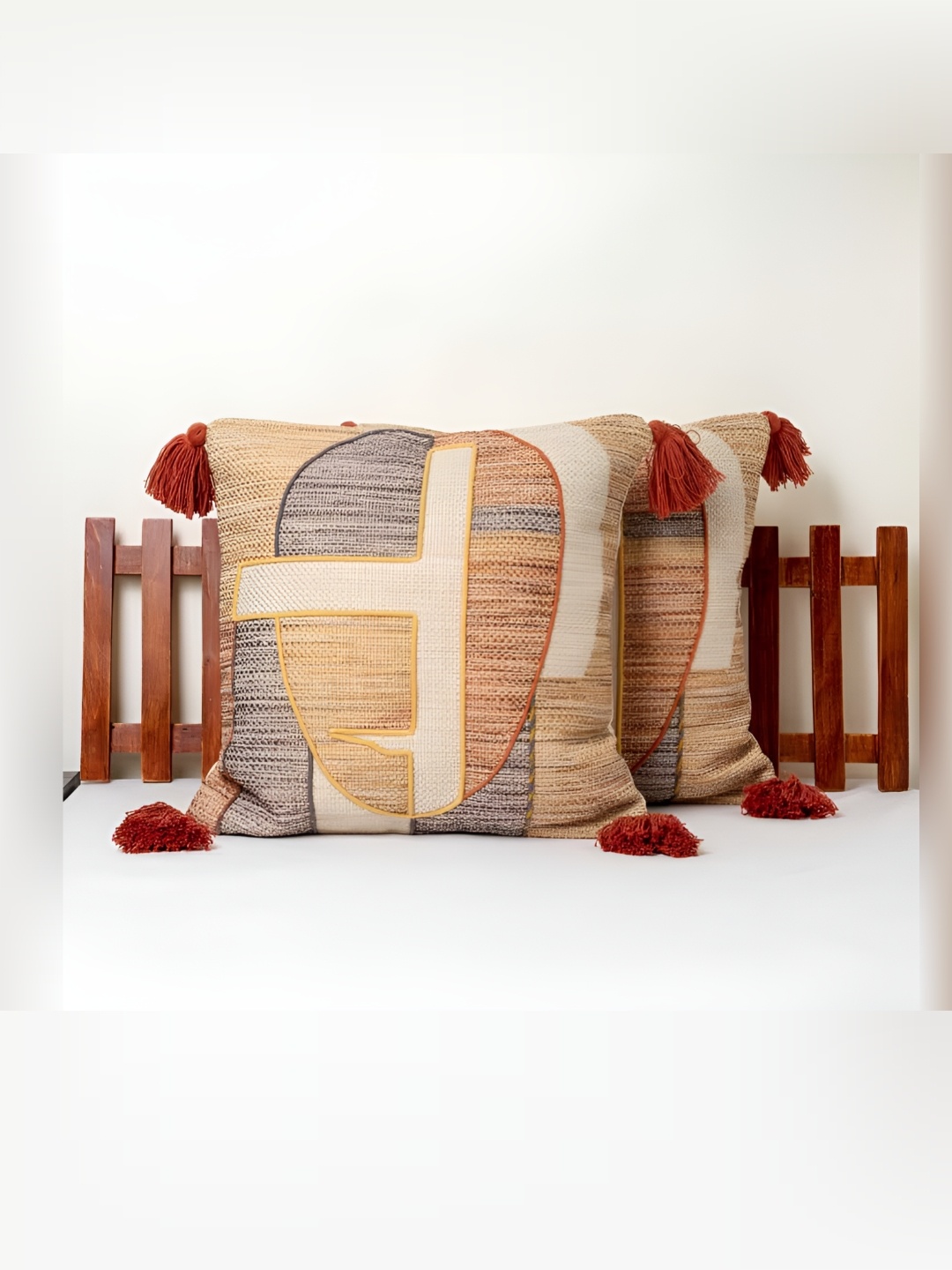 

BELLA TRUE Off White & Yellow 2 Pieces Cotton Abstract Square Cushion Covers