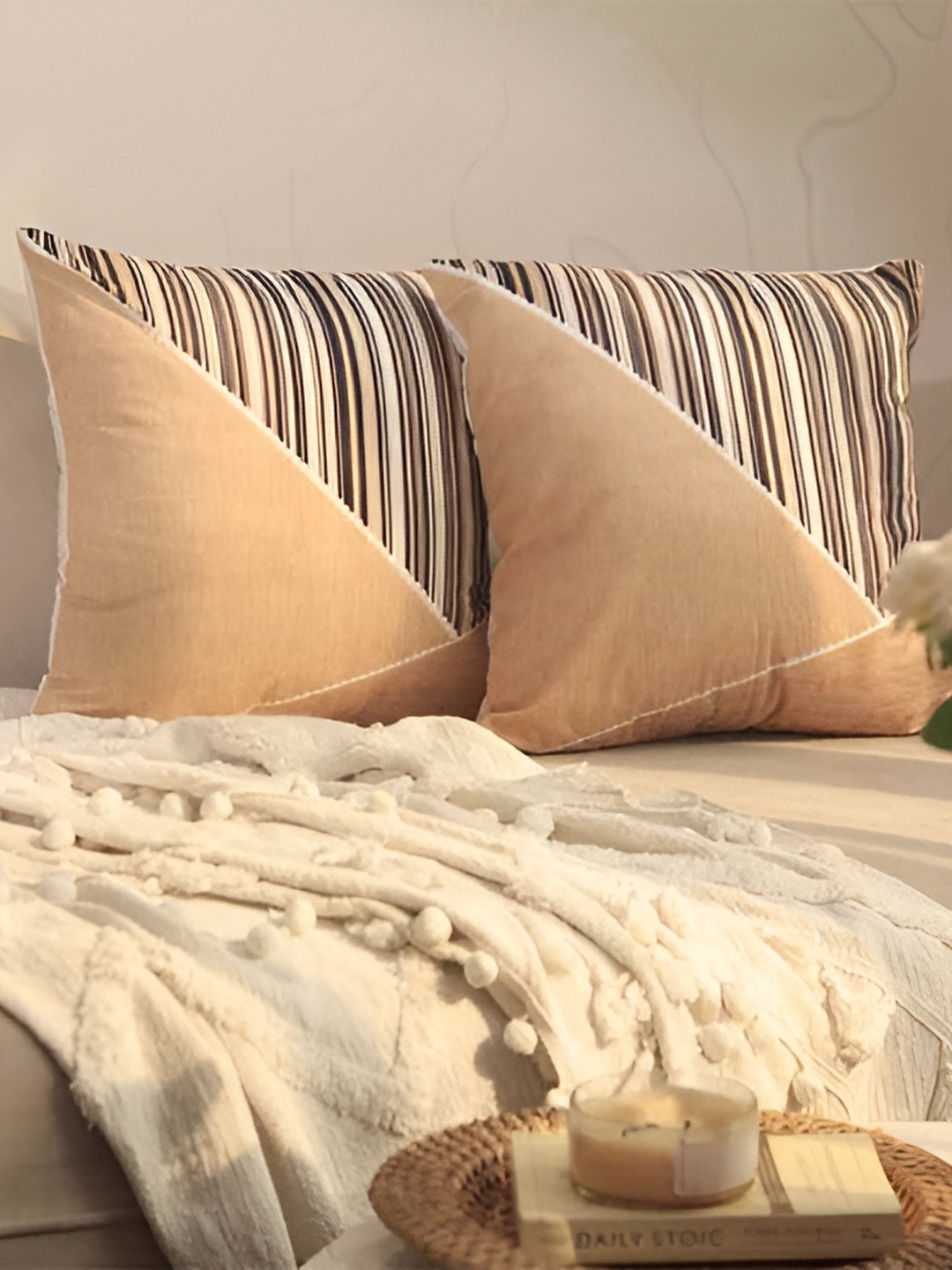 

BELLA TRUE White & Brown 2 Pieces Striped Square Cushion Covers