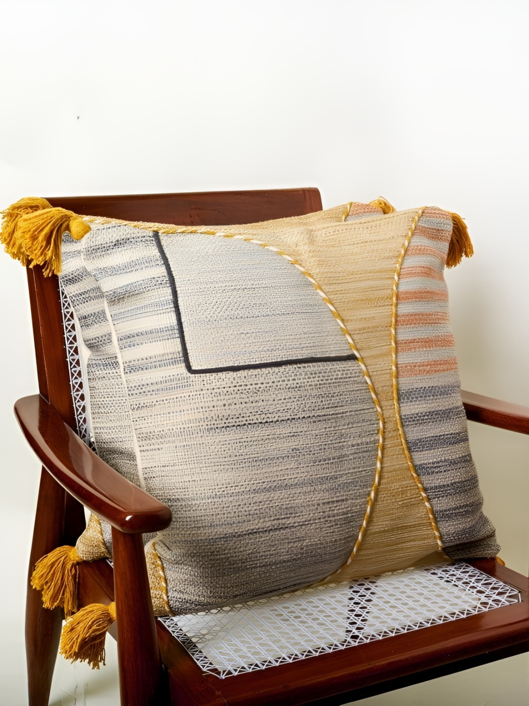 

BELLA TRUE Beige & Orange 2 Pieces Geometric Cotton Square Cushion Covers
