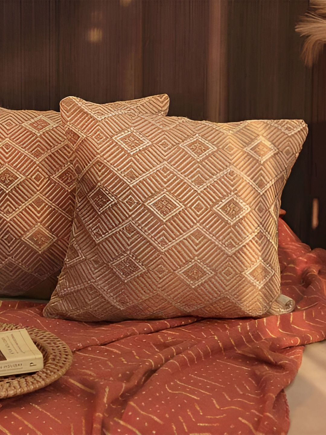 

BELLA TRUE Off White & Brown 2 Pieces Geometric Square Cushion Covers