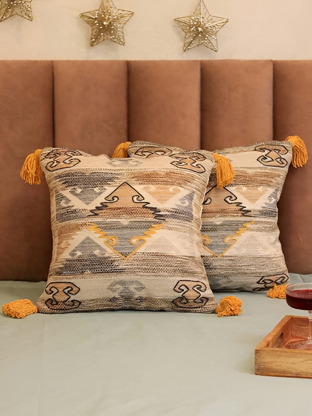 

BELLA TRUE Beige & Grey Set of 2 Geometric Cotton Square Cushion Covers
