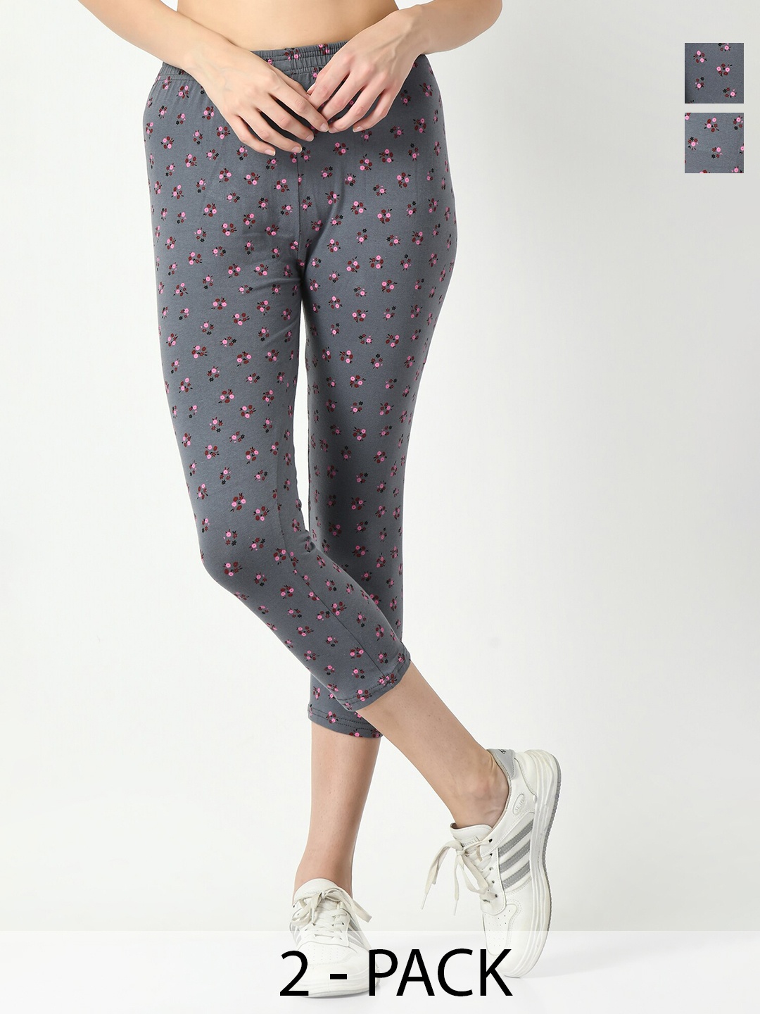 

BAESD Women Pack Of 2 Printed High Rise Slim Fit Cotton Capris, Grey
