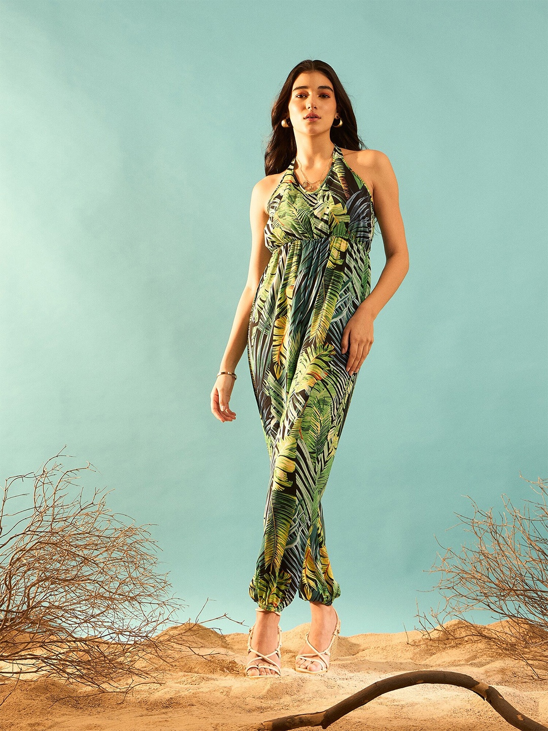 

Berrylush Tropical Printed Halter Neck Printed Basic Jumpsuit, Green