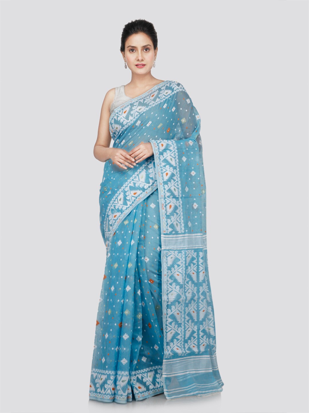 

PinkLoom Ethnic Motifs Pure Cotton Jamdani Saree, Turquoise blue