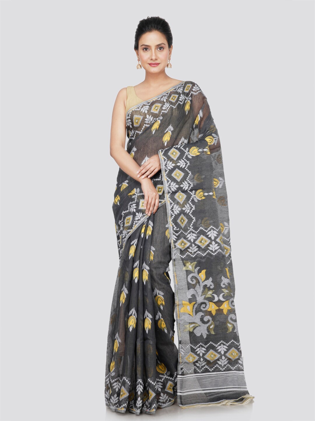 

PinkLoom Floral Woven Design Pure Cotton Saree, Grey