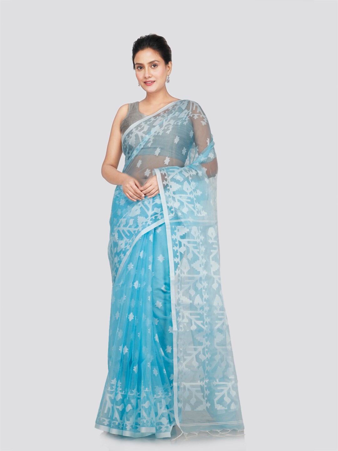 

PinkLoom Ethnic Motifs Woven Design Jamdani Saree, Turquoise blue
