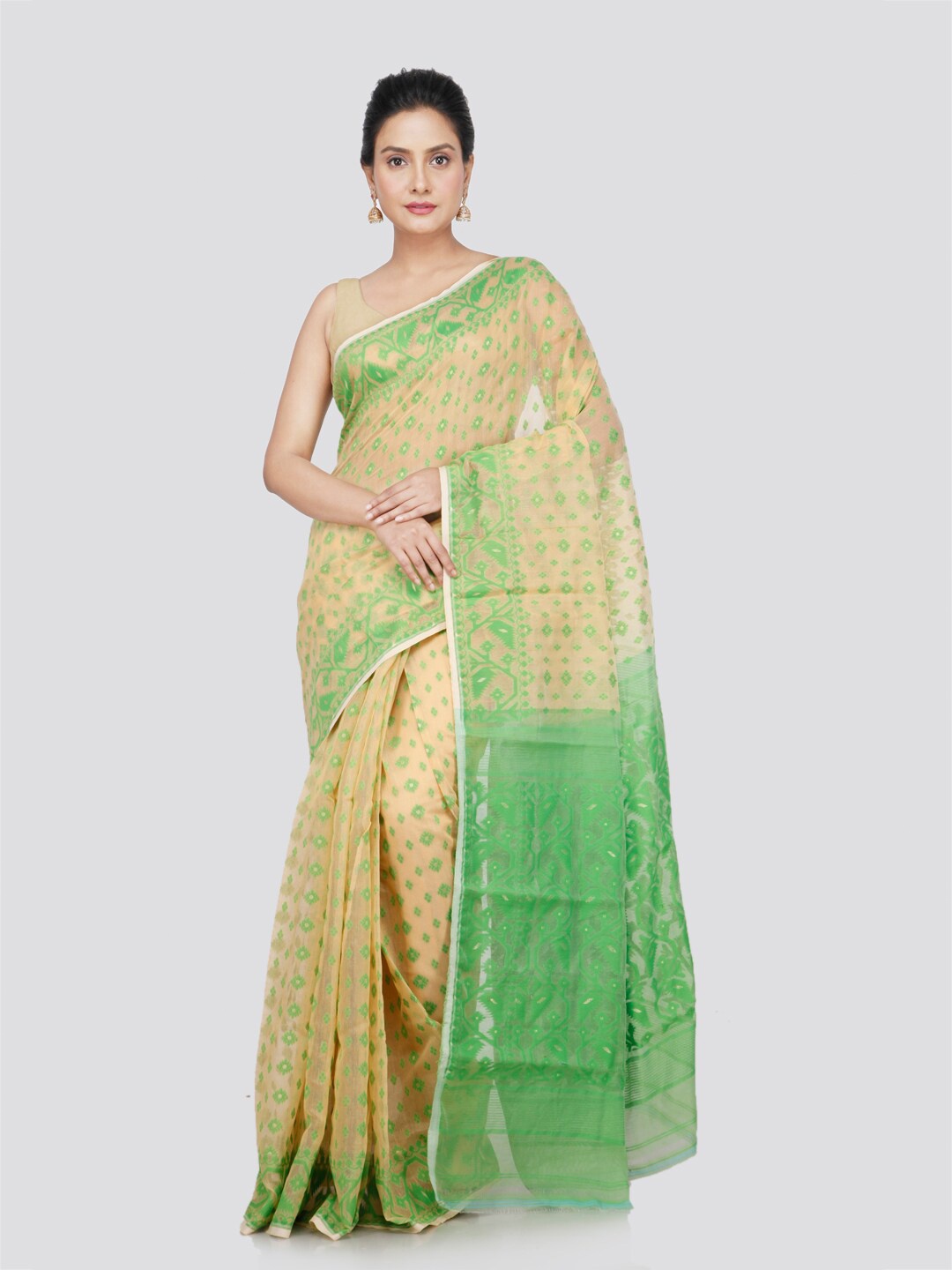 

PinkLoom Floral Woven Design Pure Cotton Jamdani Saree, Beige