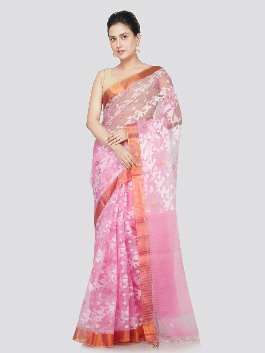 

PinkLoom Ethnic Motifs Woven Design Zari Jamdani Saree, Pink