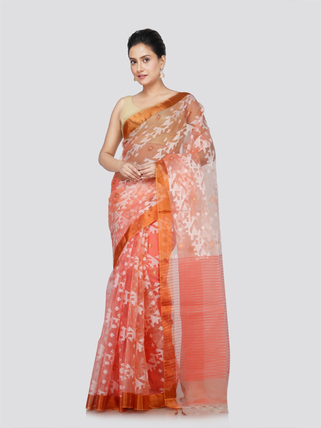 

PinkLoom Ethnic Motifs Woven Design Zari Jamdani Saree, Peach