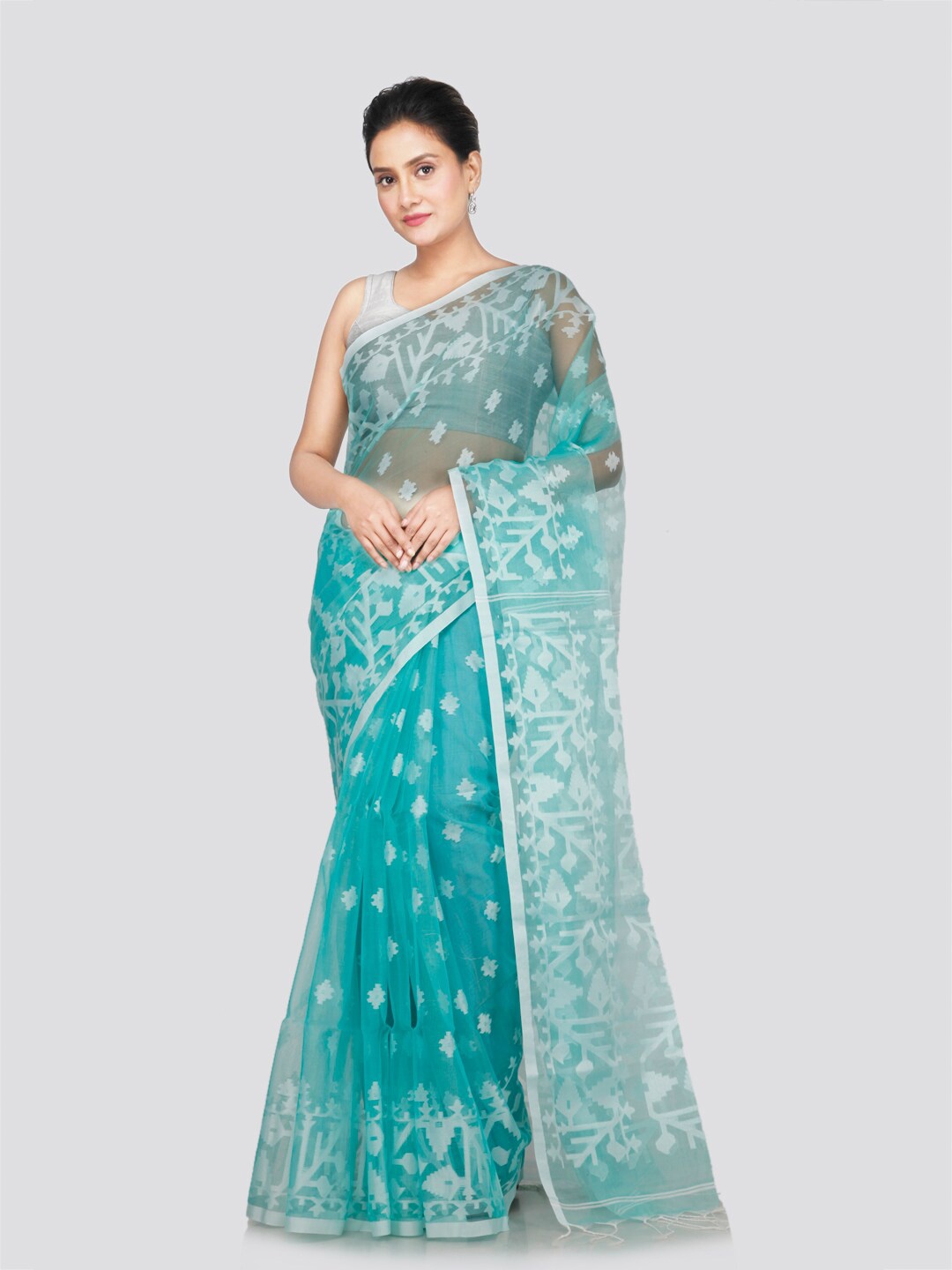 

PinkLoom Ethnic Motifs Woven Design Jamdani Saree, Turquoise blue