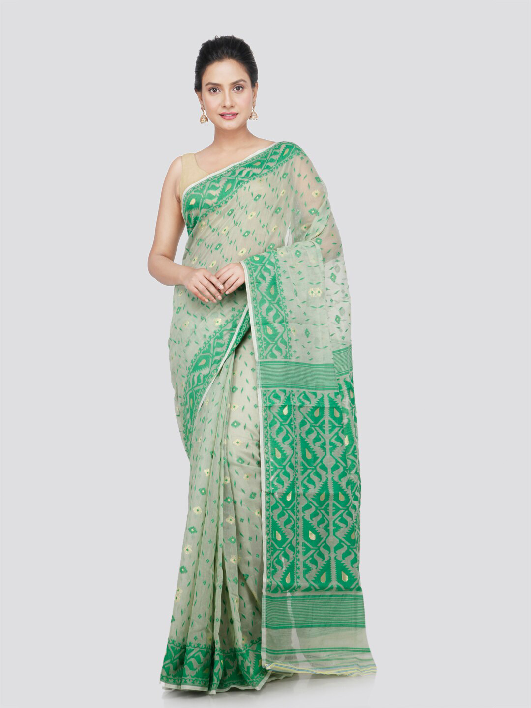 

PinkLoom Ethnic Motifs Woven Design Pure Cotton Jamdani Saree, Beige