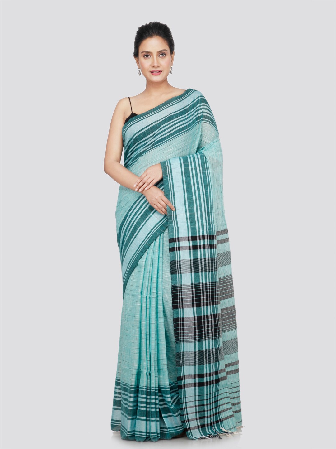 

PinkLoom Striped Pure Cotton Saree, Turquoise blue