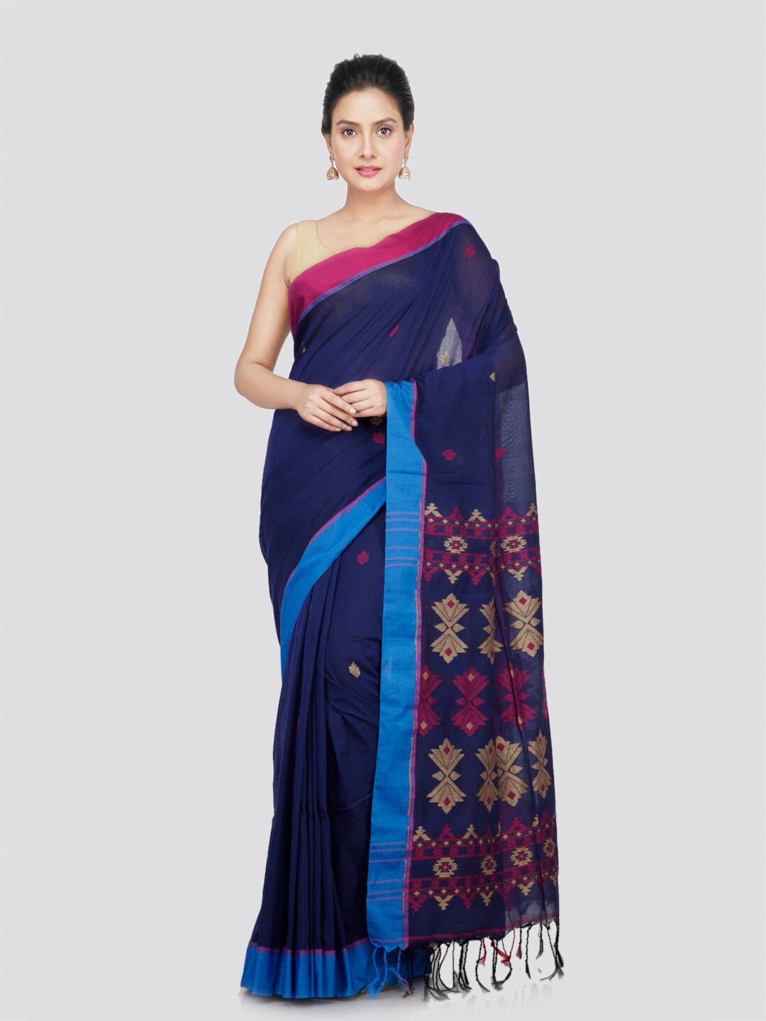 

PinkLoom Ethnic Motifs Woven Design Zari Pure Cotton Saree, Blue