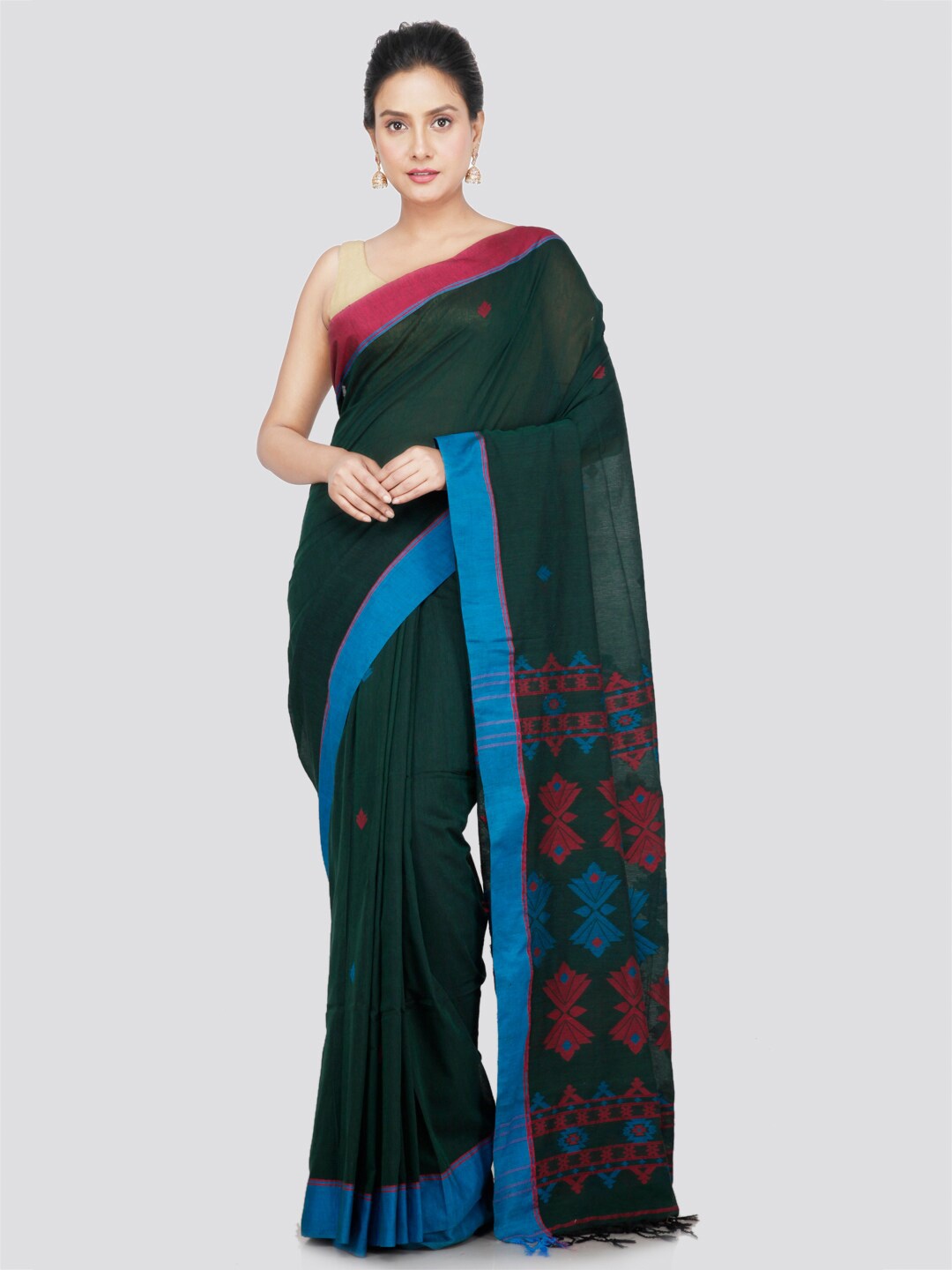 

PinkLoom Ethnic Motifs Woven Design Pure Cotton Saree, Green